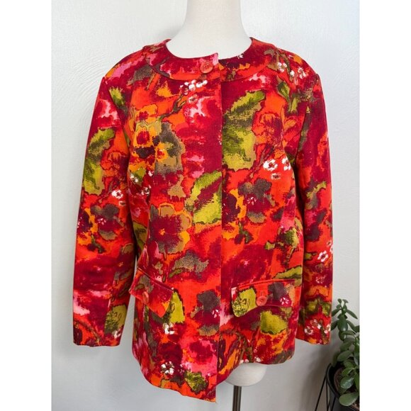 Chico's Jackets & Blazers - Chico's Womens Orange Red Watercolor Floral Button‎ Jacket Size 3/XL Artsy Retro